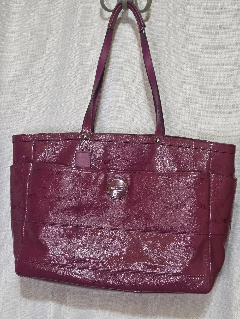 Coach F17940 Signature Fuchsia Baby Diaper Bag Tote Patent Leather